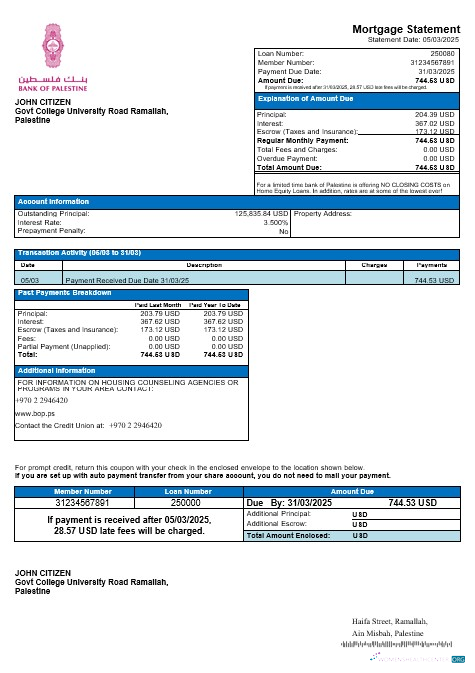 Download Palestine bank of Palestine mortgage statement in Word and PDF formats Photoshop template
